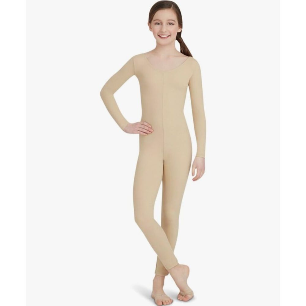🩰 Capezio Girls' Long Sleeve Unitard Nude Size M NEW